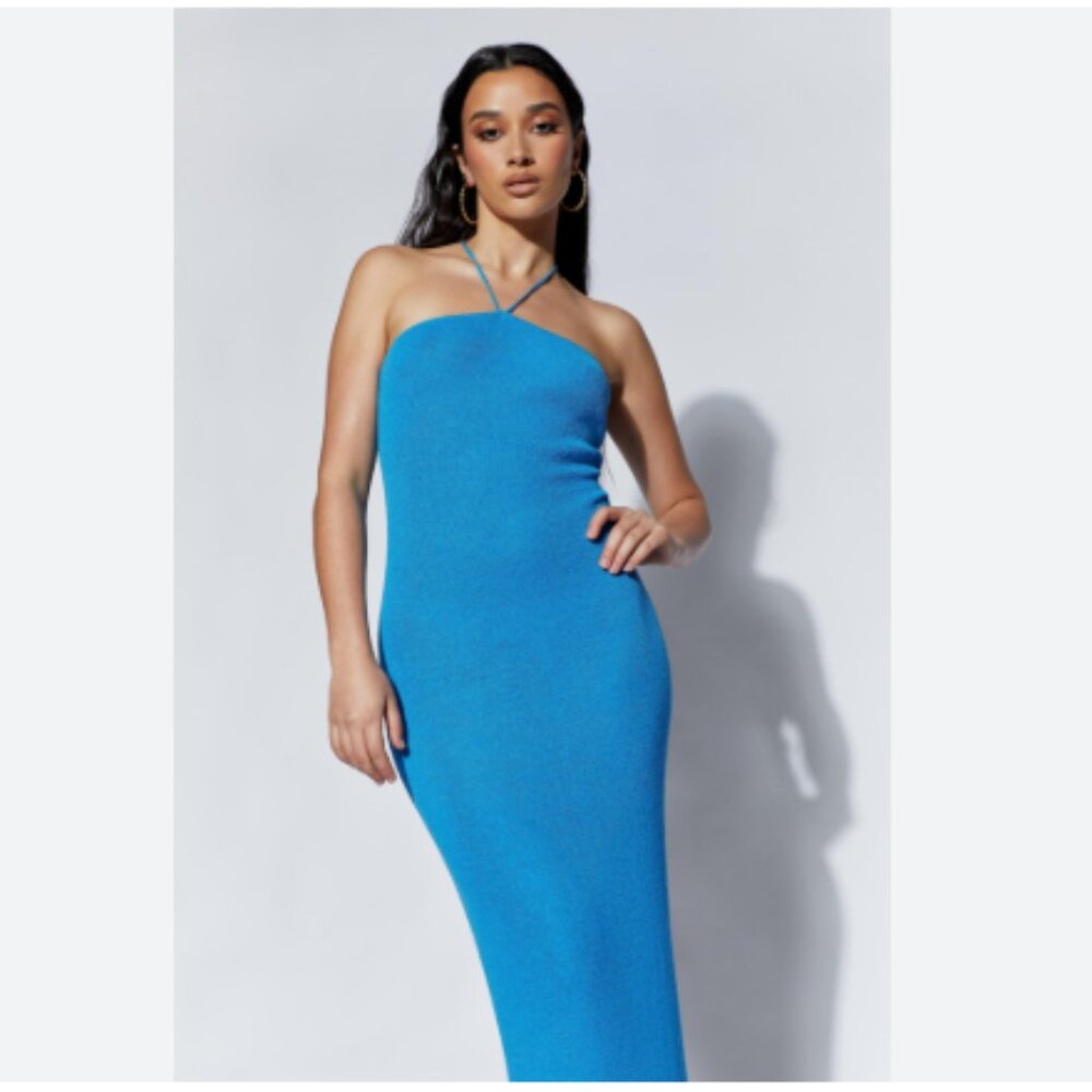 Meshki Aryana Asymmetrical Straight Maxi Halter Knit Dress - Azure Blue